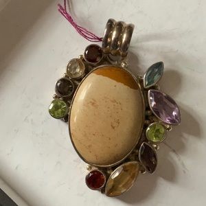 Large Fossil 925 Ocean Jasper Pendant with Rainbow Surround